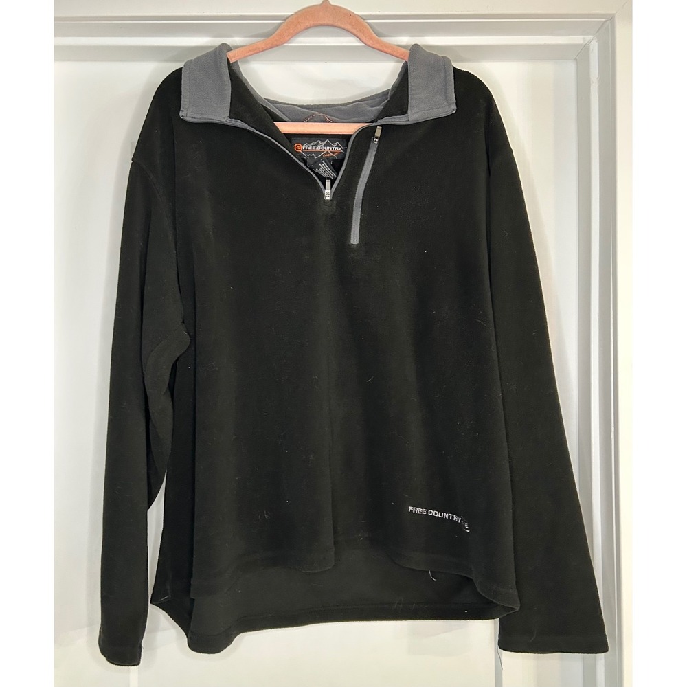 Free Country Mens XXL Black Fleece Quarter Zip Pullover Sweater Grey Trim